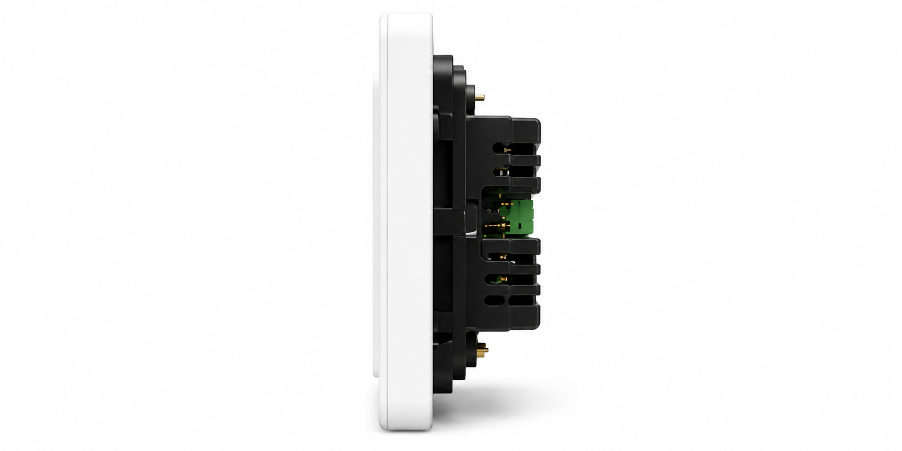Side view showing the board's depth and the wiring terminals behind it